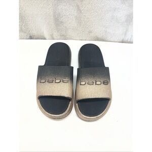 Bebe Womens Black Gold Ombre Platform Slide Sandals Size 8 Ribbed Logo Flatform
